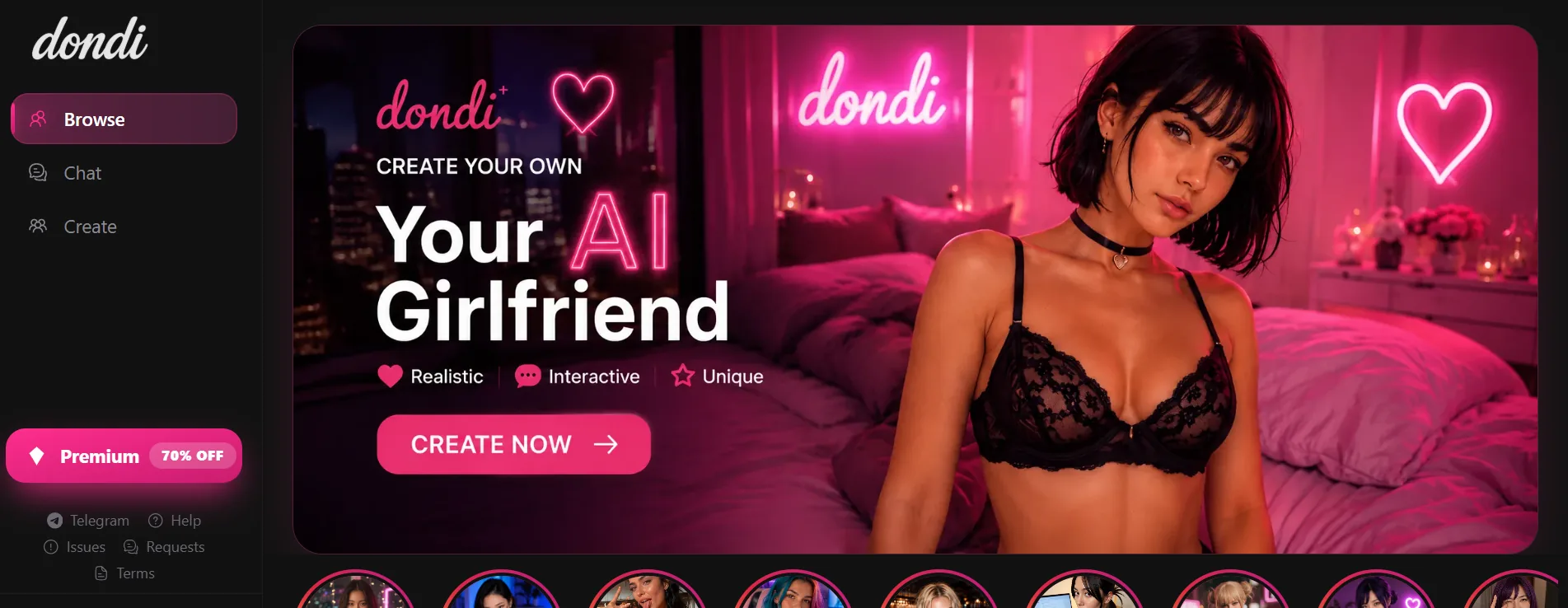 Dondi create your own AI girlfriend, realistic, interactive, unique, create now