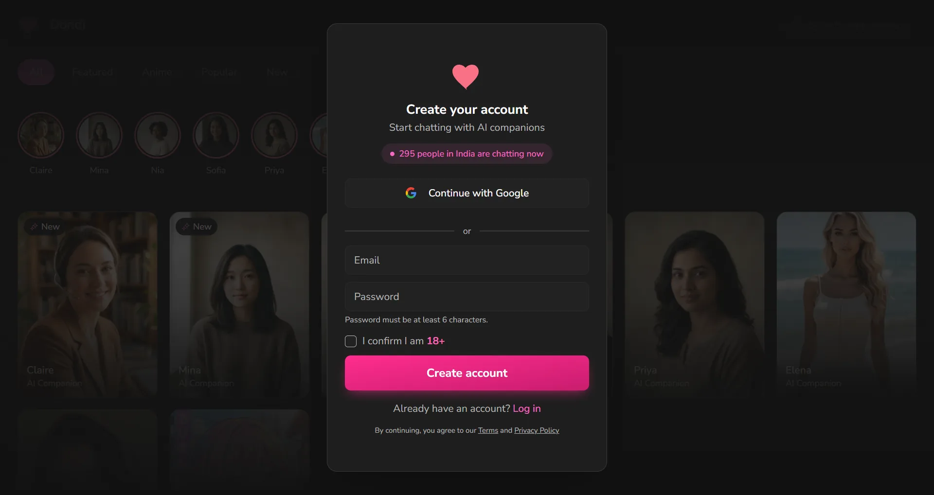 Dondi create your account, Continue with Google, empty email and password, 18 plus unchecked