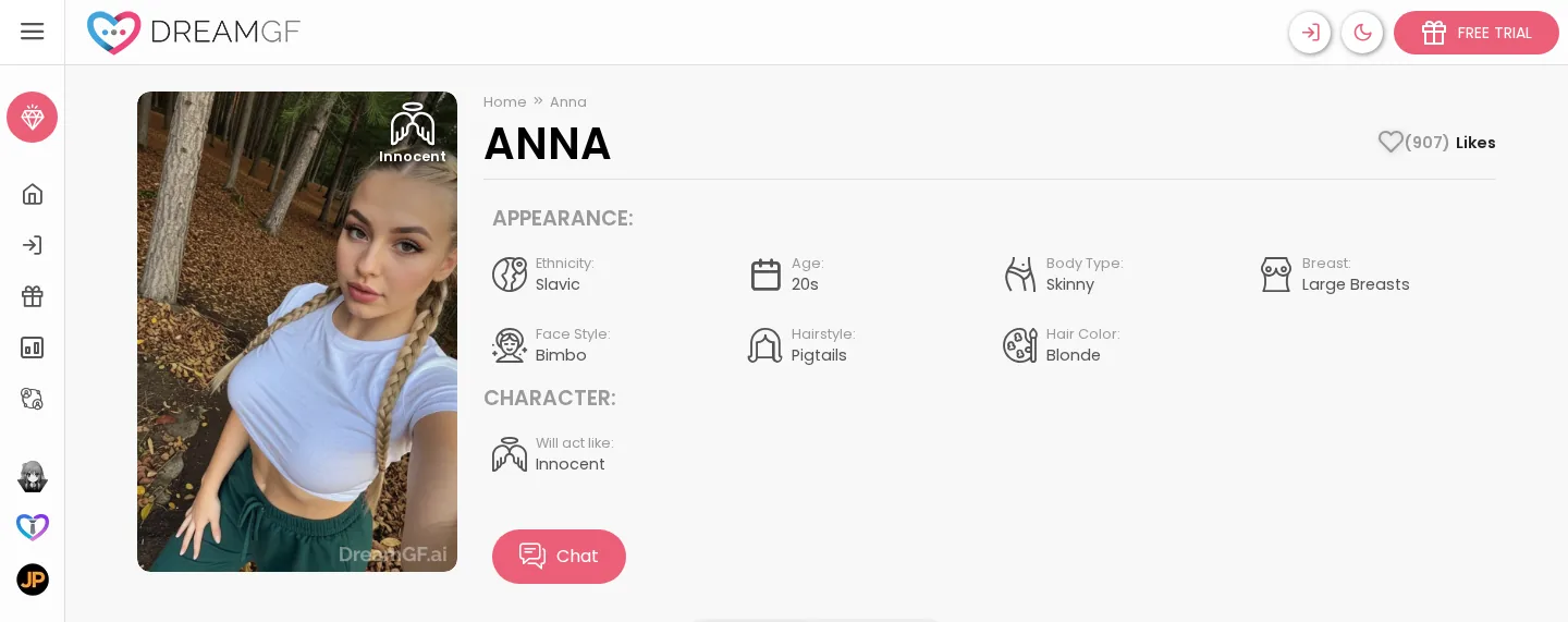 DreamGF profile for Anna, in her 20s, with a Chat button