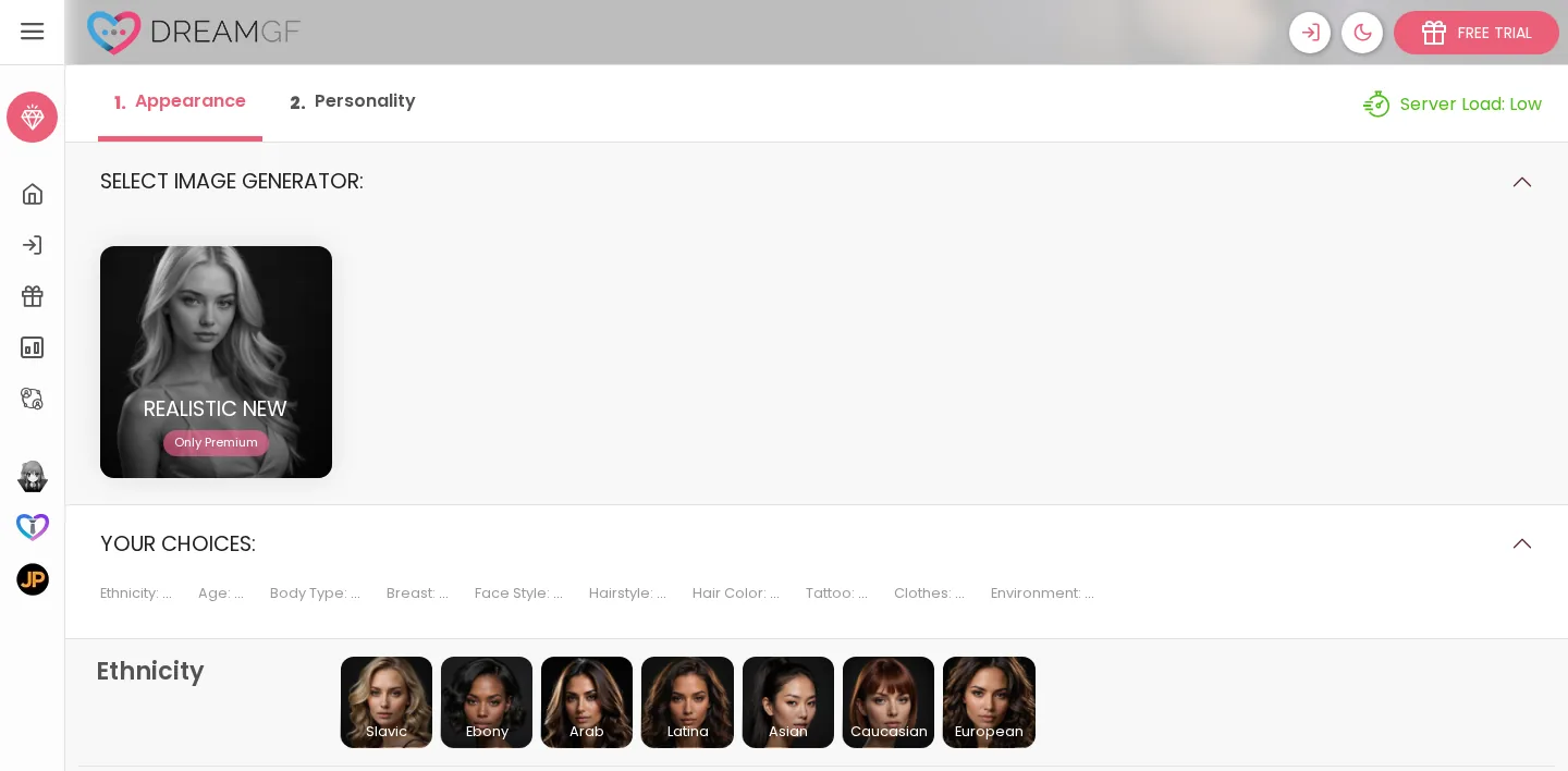 DreamGF appearance builder with the realistic generator and an ethnicity row