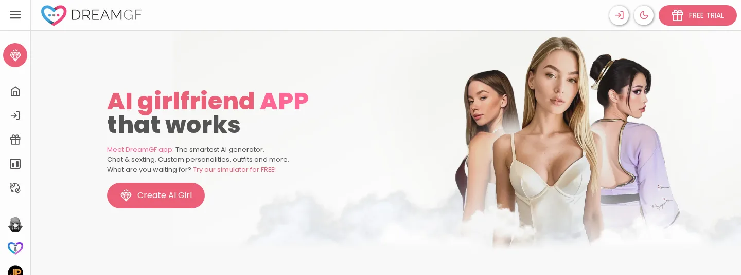 DreamGF homepage with the headline AI girlfriend app that works