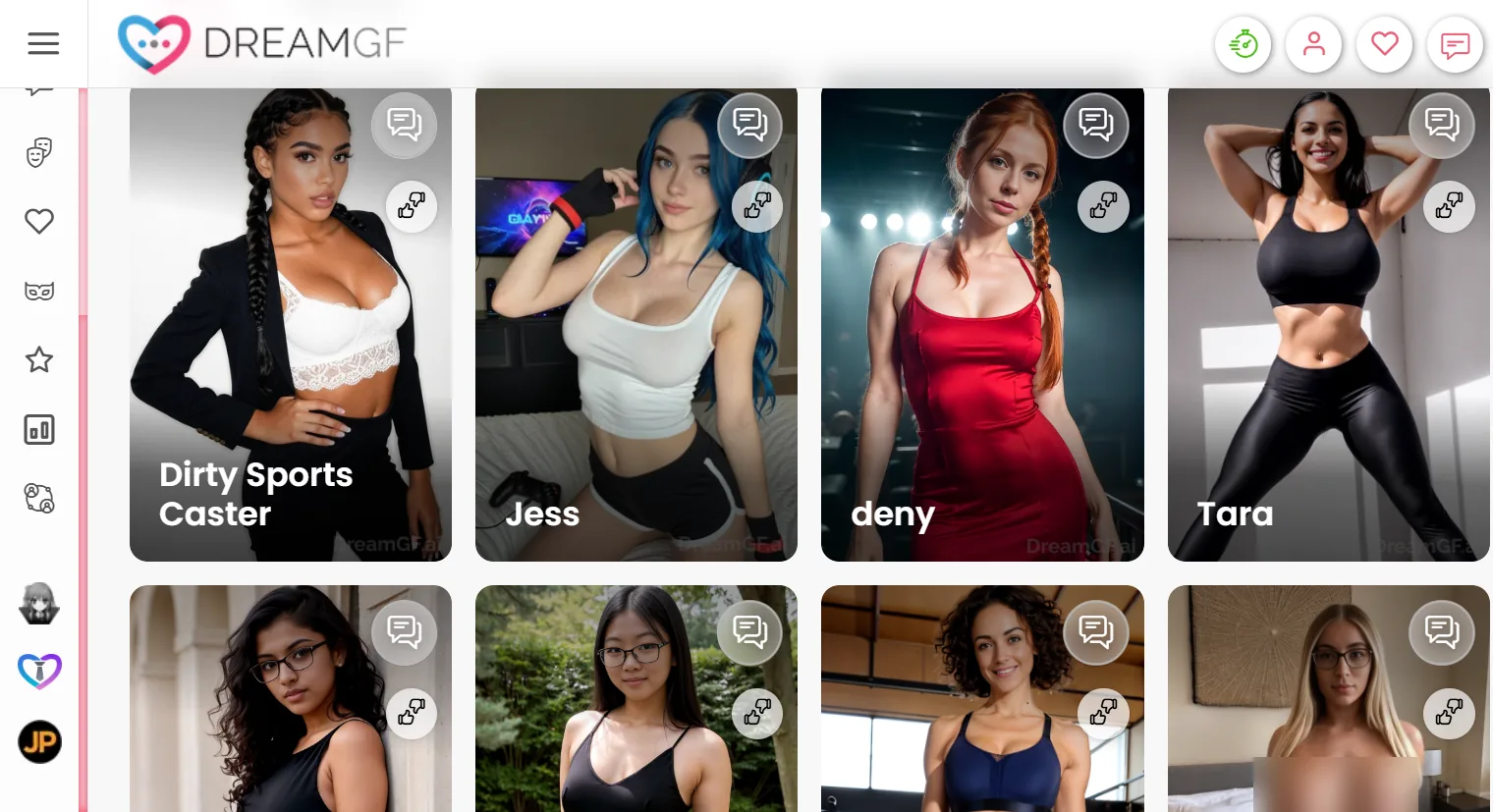 DreamGF catalog of named girlfriend cards with chat buttons