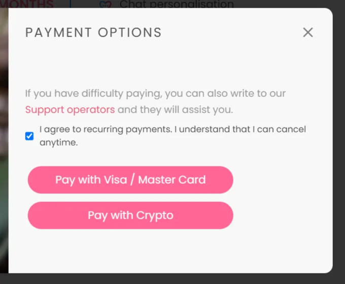 DreamGF payment options. Pay with Visa or Master Card, or pay with crypto. Recurring payments can be cancelled.