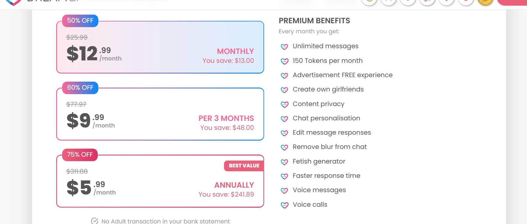 DreamGF Premium. Monthly is $12.99, marked down from $25.99. Three months are $9.99 a month. The year is $5.99 a month, next to $311.88.