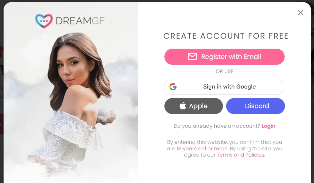 DreamGF create account. Register with Email, Google, Apple, or Discord.