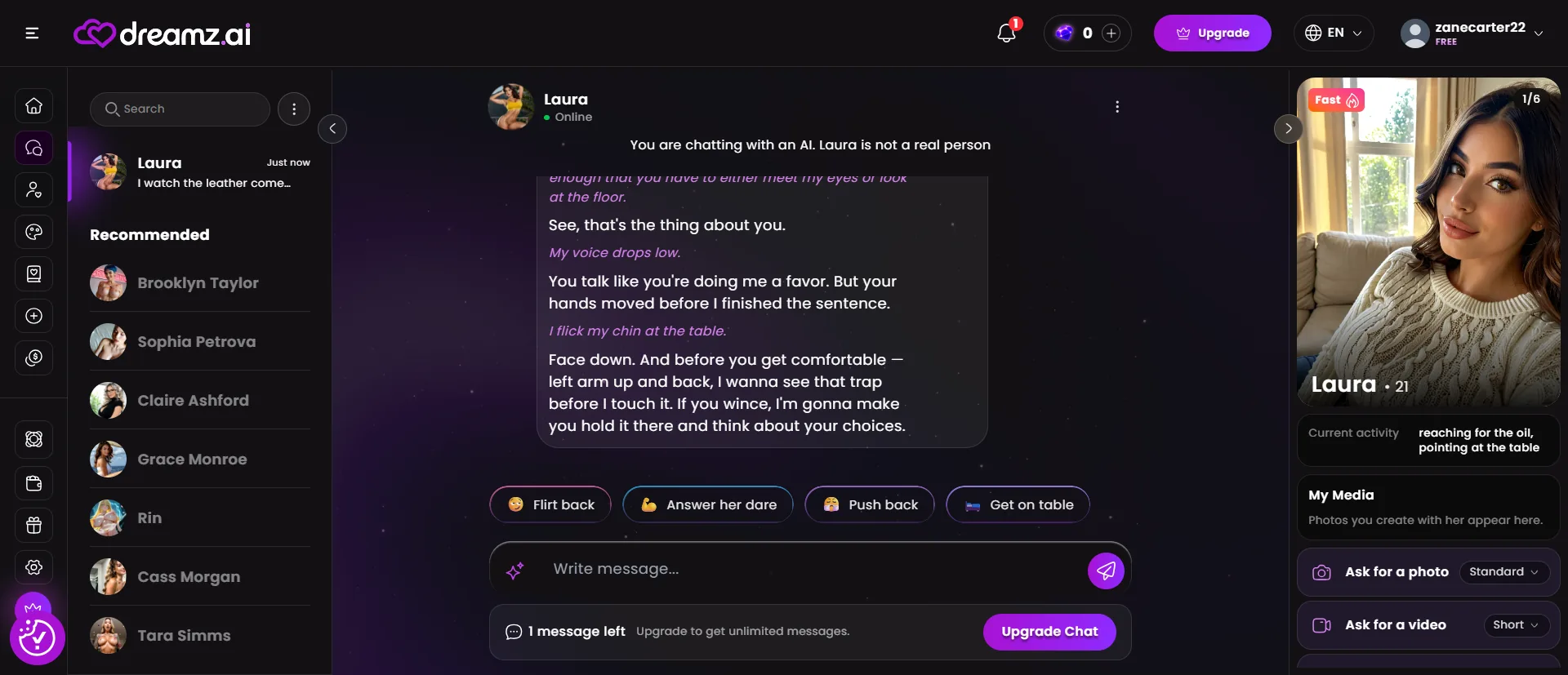 Dreamz chat with Laura, 21. One message left. She points at the table. Ask for a photo and Ask for a video sit on the right.