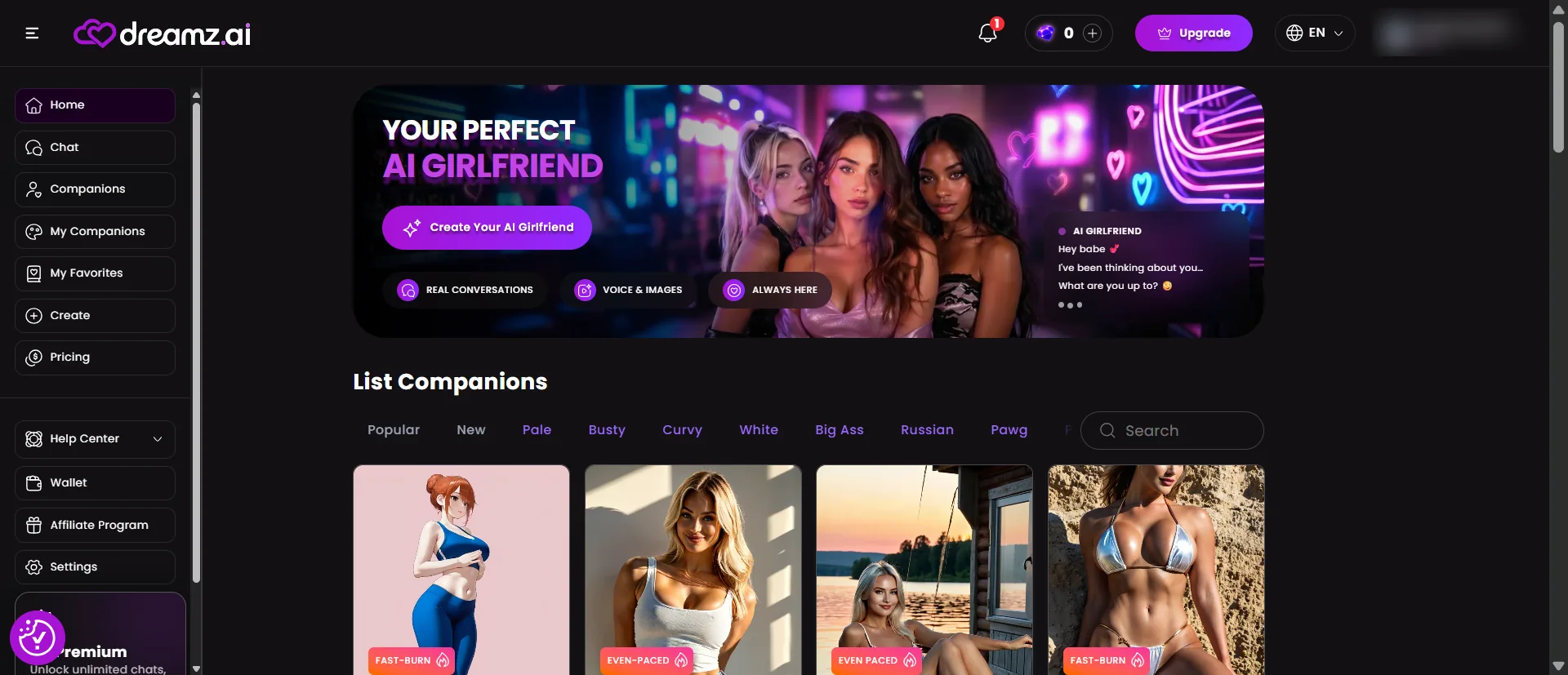 Dreamz companions page. The banner says your perfect AI girlfriend. List Companions, with Popular, New, Pale, Busty, and Curvy.