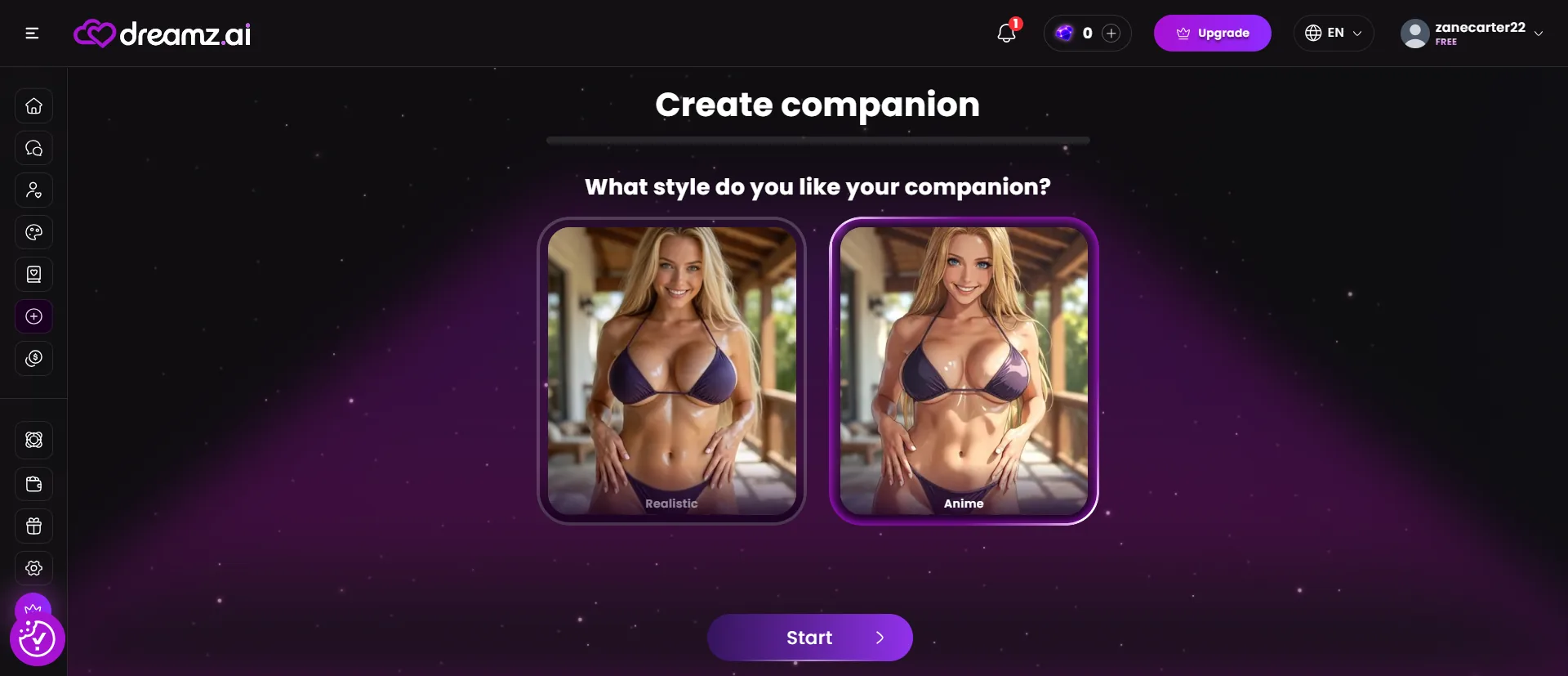 Dreamz create companion step. Realistic and Anime style cards, and a Start button.