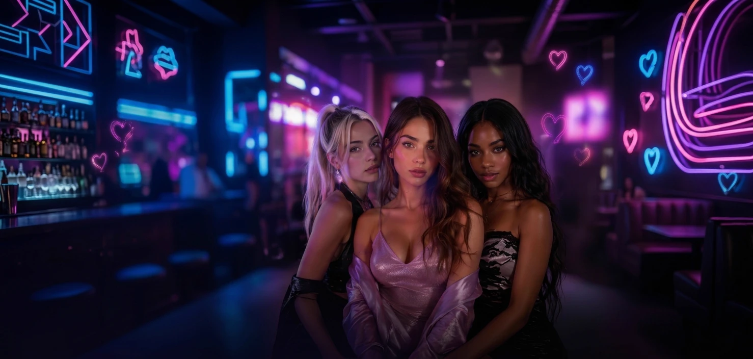 Dreamz AI homepage. Three adult women stand in a neon bar.