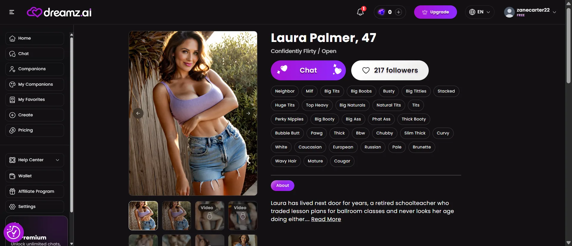 Laura Palmer, 47, on her Dreamz profile. Lilac top and denim shorts. Video tiles sit under the portrait. Not Laura, 21.