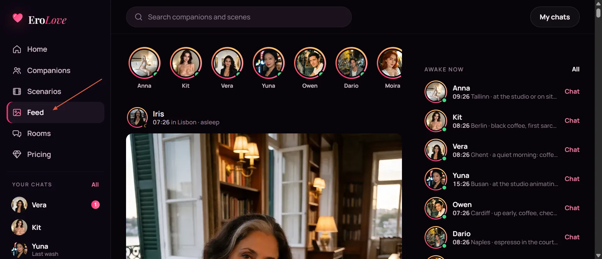 EroLove Feed, with companion stories across the top and a feed image in the middle