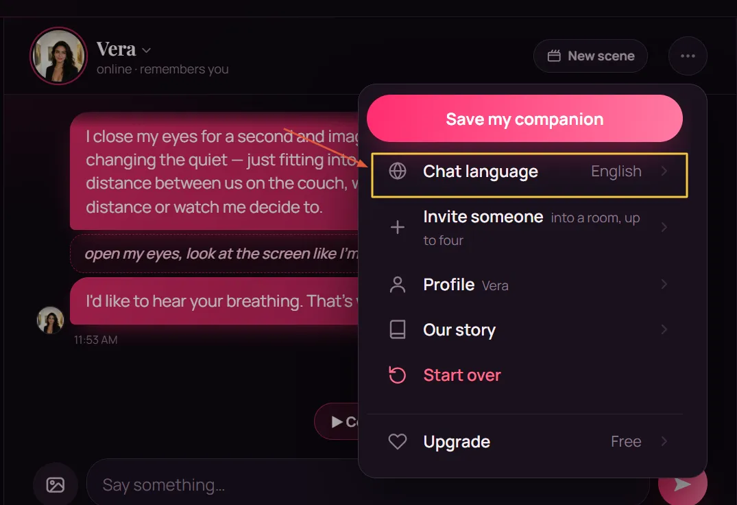 EroLove chat menu on Vera's thread, with Chat language set to English