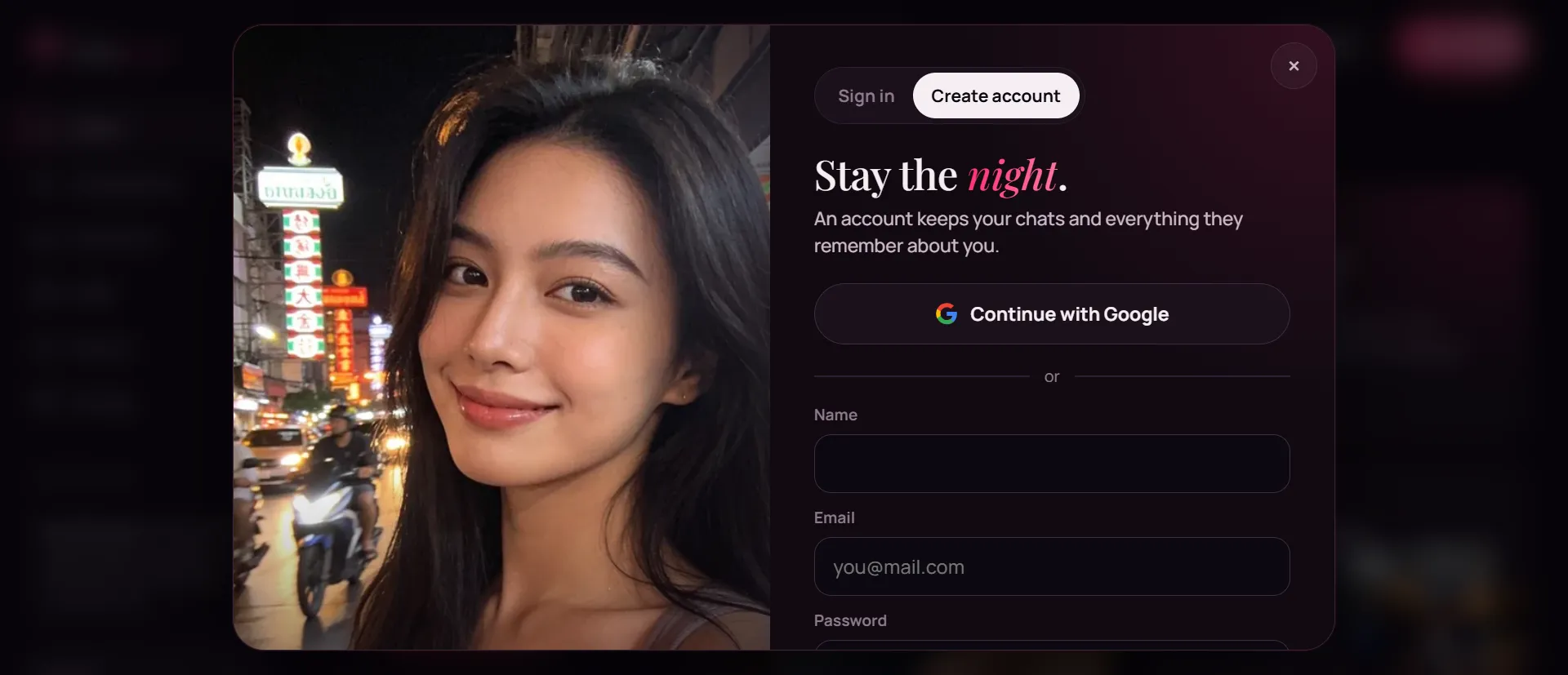 EroLove create-account dialog, Stay the night, beside a companion portrait, with Continue with Google