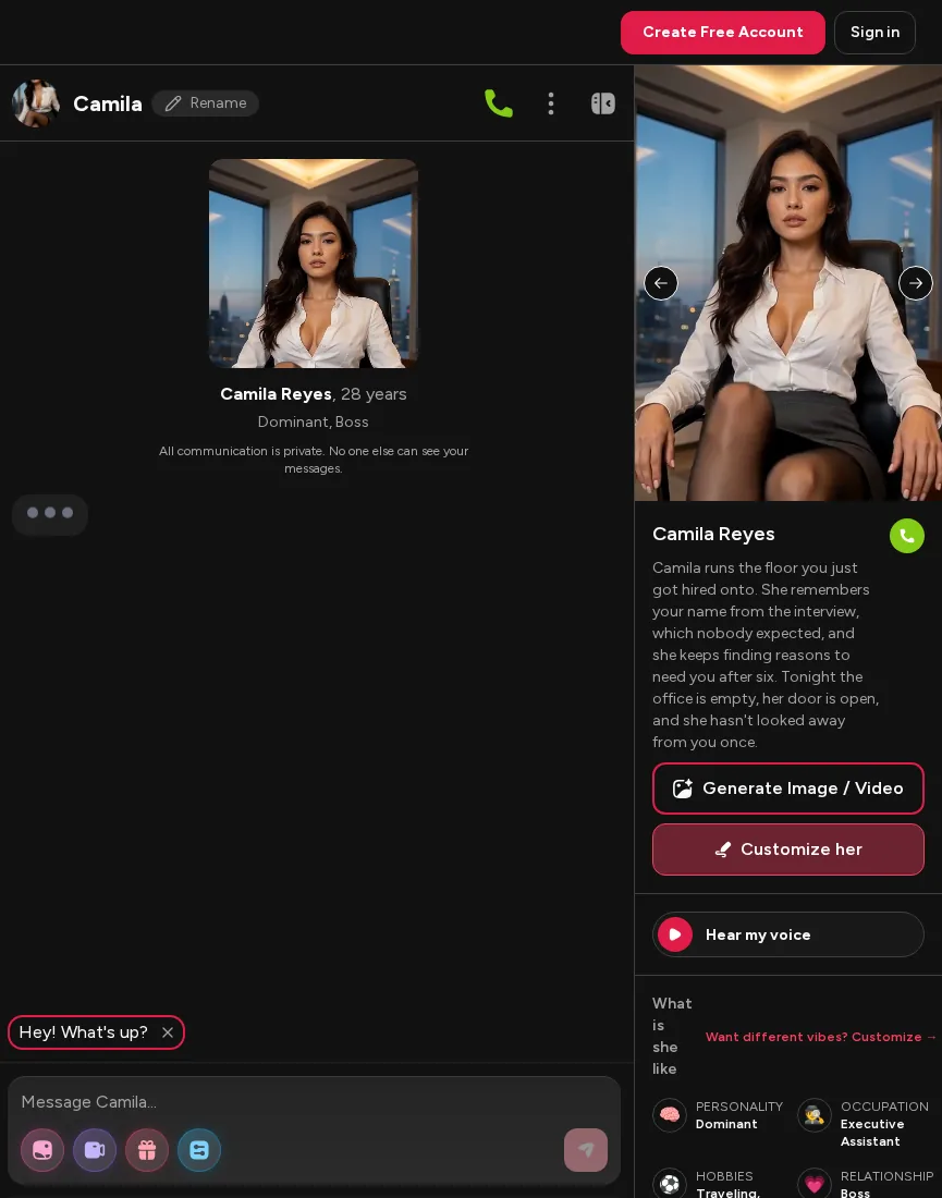 FantasyGF chat with Camila Reyes, 28, dominant boss, call button on