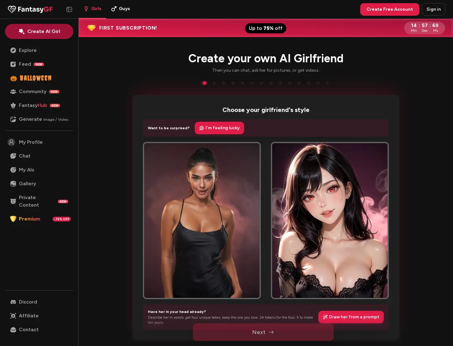 FantasyGF create screen titled Create your own AI Girlfriend, with I'm feeling lucky and Draw her from a prompt