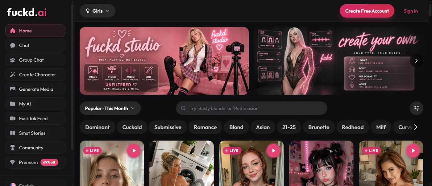 Fuckd AI Girls row, with the studio banner, create your own, and popular filters