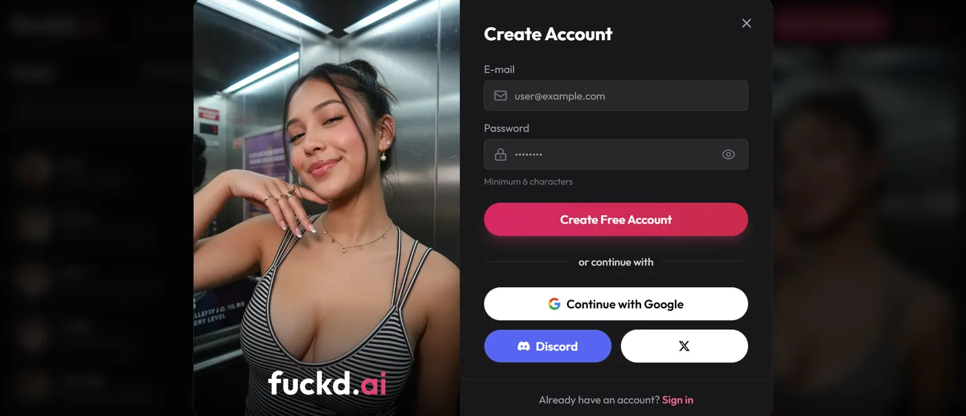 Fuckd AI create account dialog, with an empty example email, Google, Discord, and X
