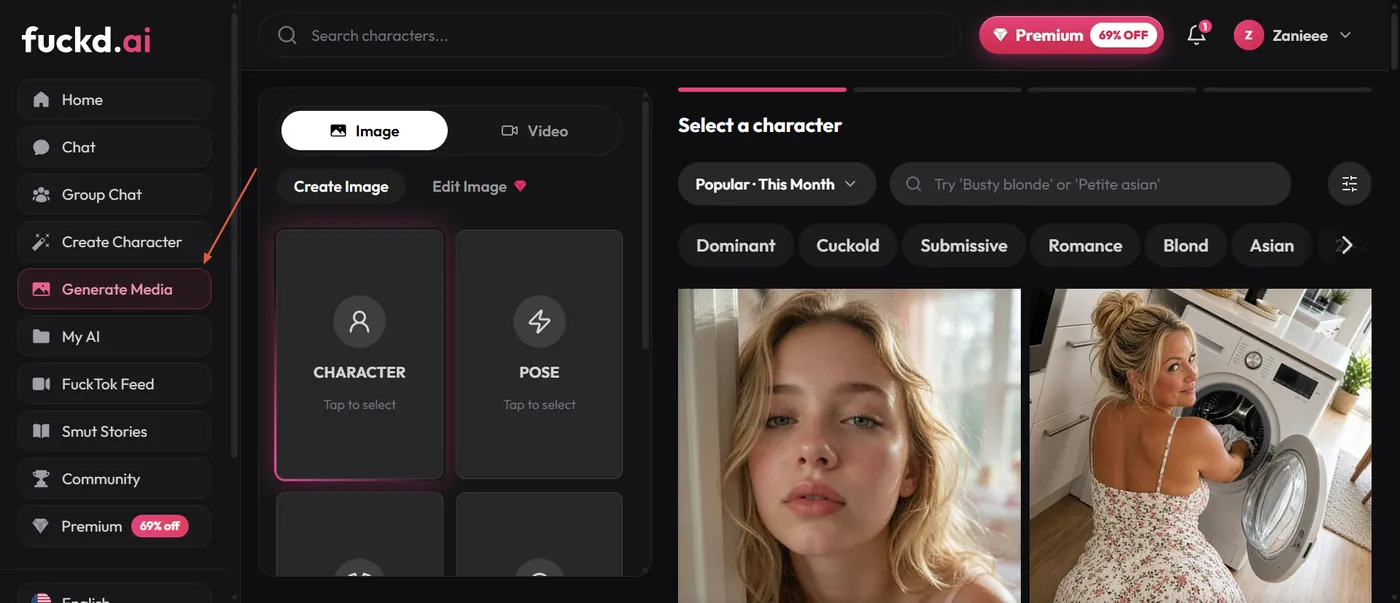 Fuckd AI Generate Media, Image selected, character and pose still empty