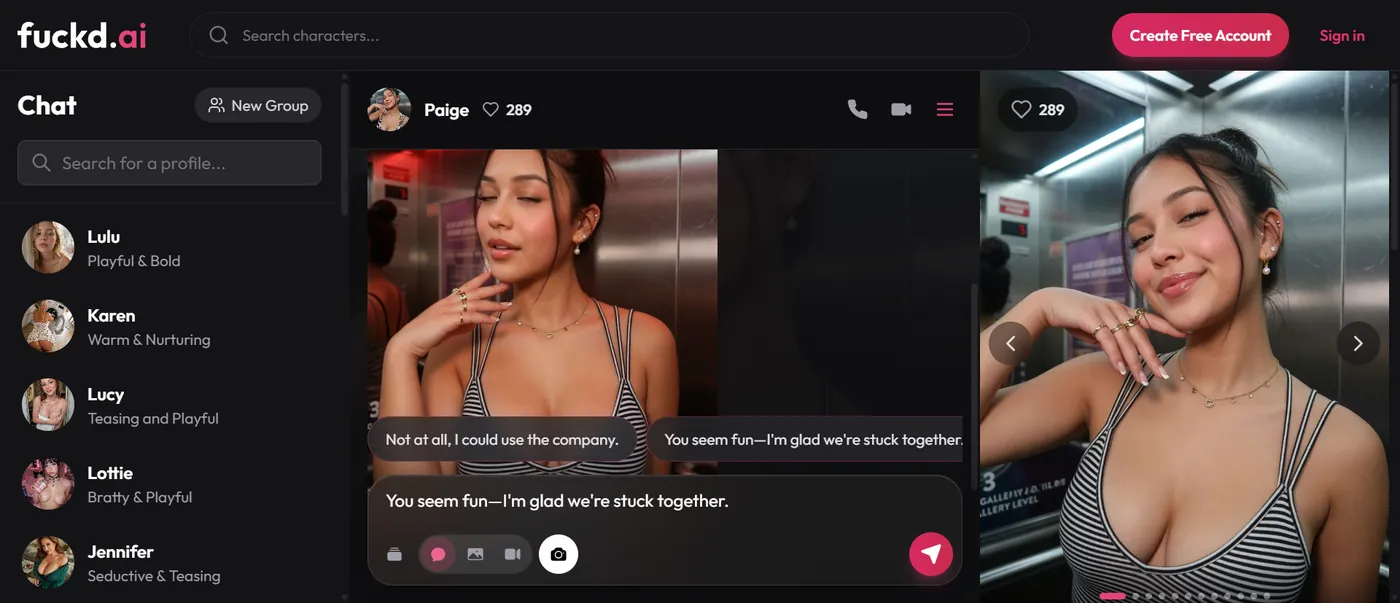 Fuckd AI chat with Paige, header name Paige, elevator portrait