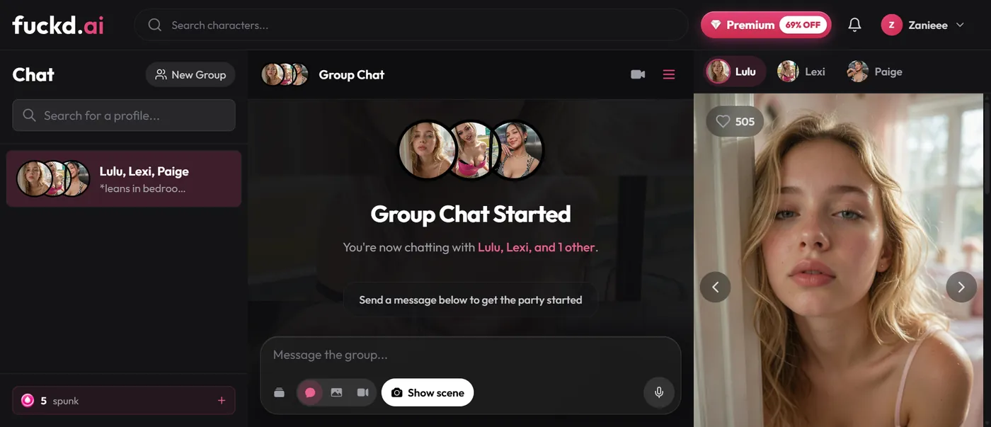 Fuckd AI group chat started with Lulu, Lexi, and Paige