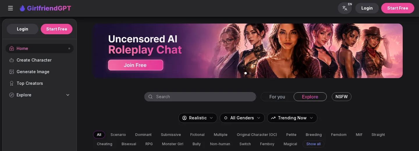 GirlfriendGPT homepage banner, Uncensored AI Roleplay Chat, with Join Free