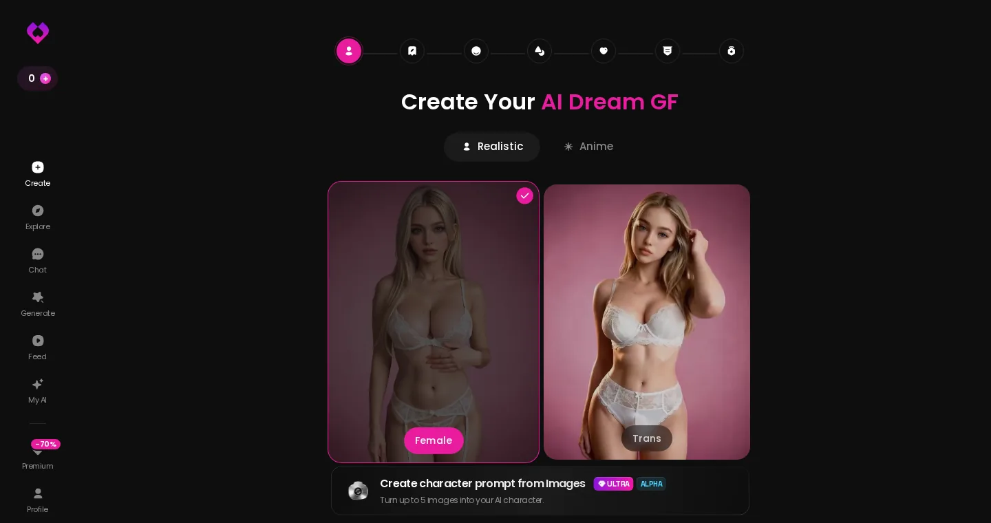 GoLove Create Your AI Dream GF with Realistic selected, Female and Trans