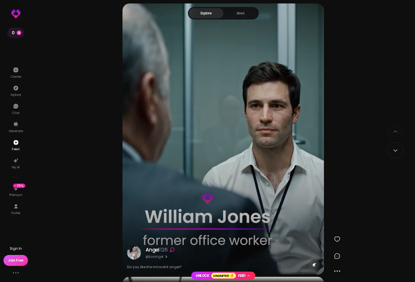 GoLove Feed with Angel's clip of an office scene and the unlock bar