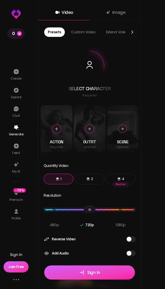 GoLove video generator with Presets, Select Character, Action, Outfit, and Scene