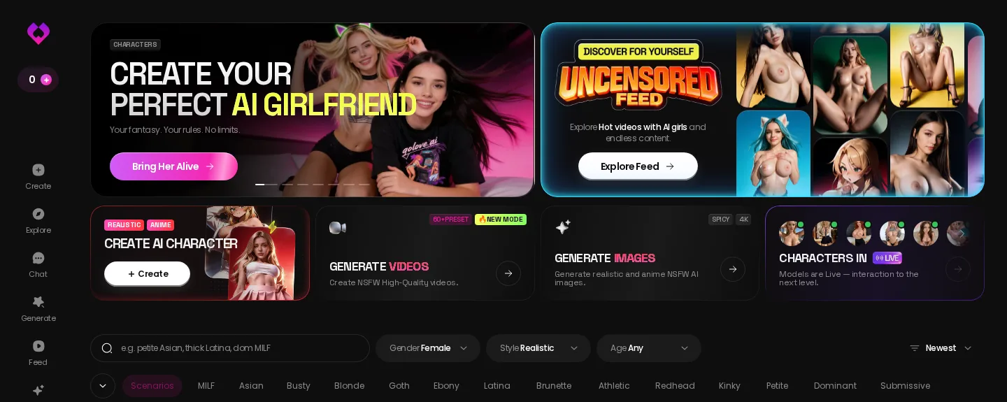 GoLove Explore with Create Your Perfect AI Girlfriend, the uncensored feed, and the tool row