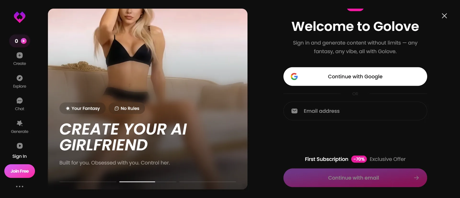 GoLove sign-in with Google and email, nothing typed
