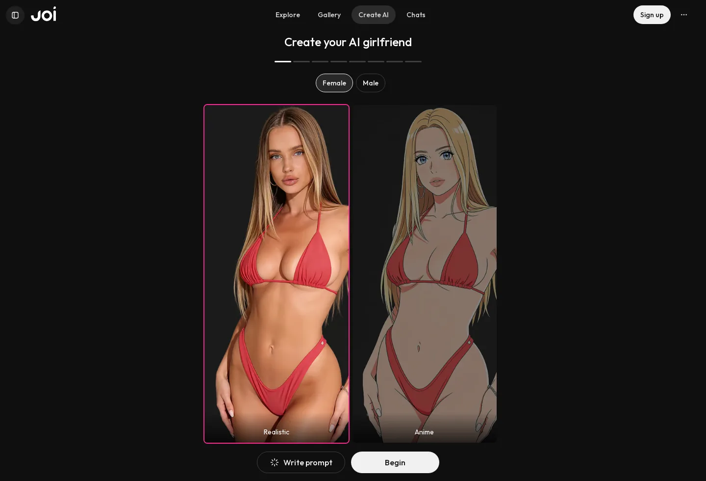 Joi create screen with Female selected and Realistic or Anime