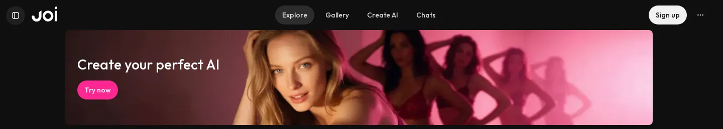 Joi door with Create your perfect AI and the Explore, Gallery, Create, and Chats menu