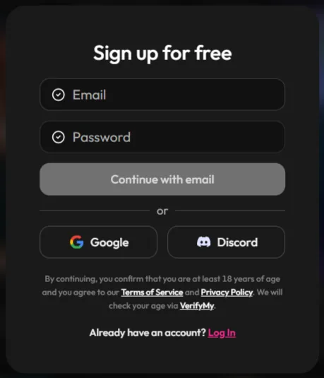 Joi sign up for free with email, Google, and Discord