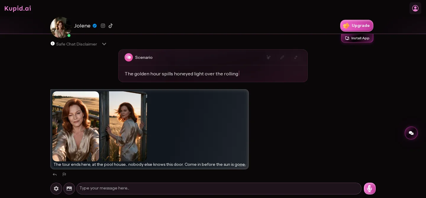 Kupid chat with Jolene, two stills, and an empty composer