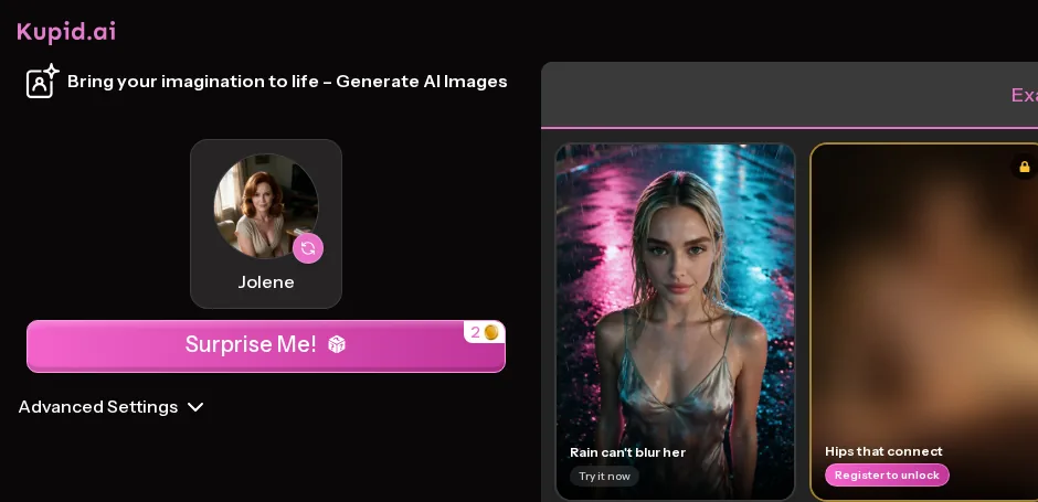 Kupid image generator with Jolene selected and Surprise Me