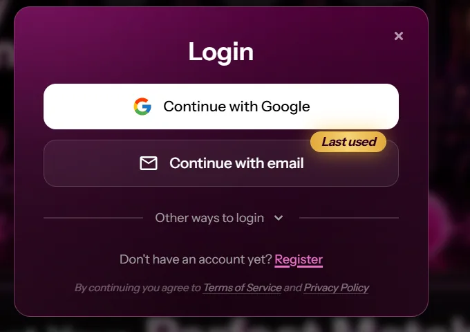 Kupid login dialog with Google and email, nothing typed