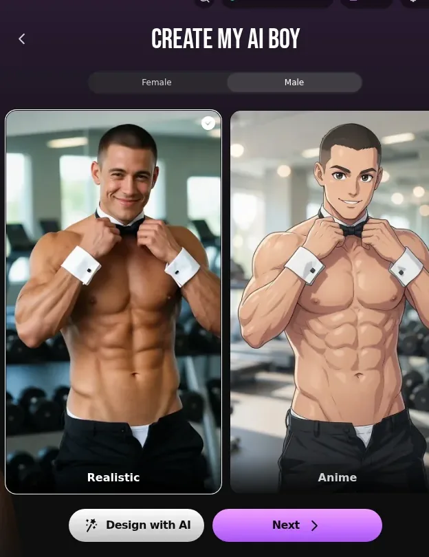 Lovescape create screen, Male selected, Realistic and Anime