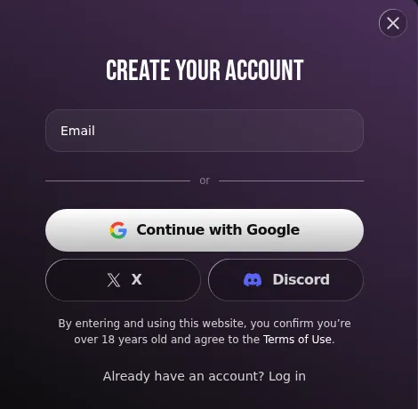 Lovescape create-account dialog with Google, X, and Discord, nothing typed