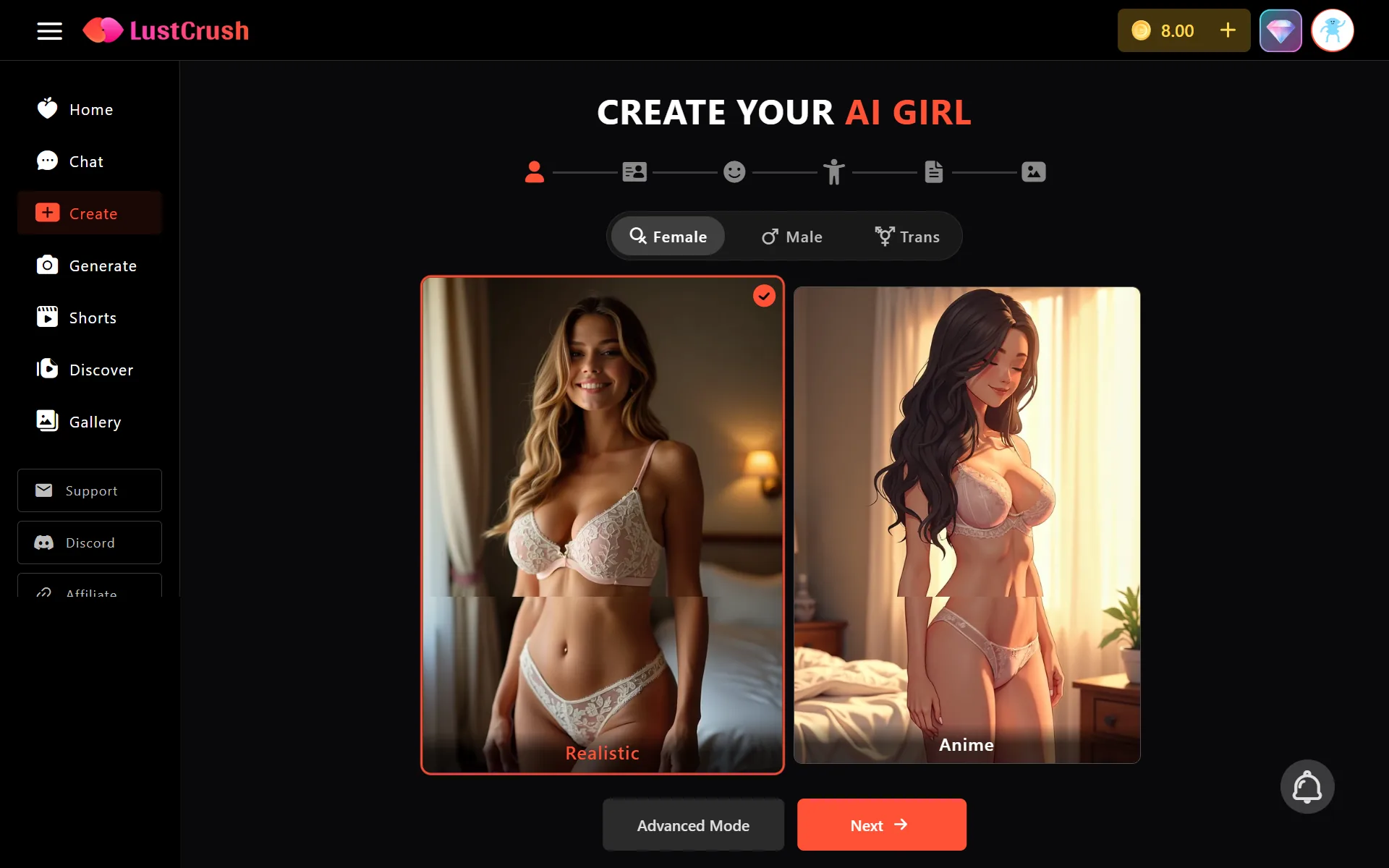 LustCrush Create Your AI Girl, Female, Realistic selected, Anime, Next