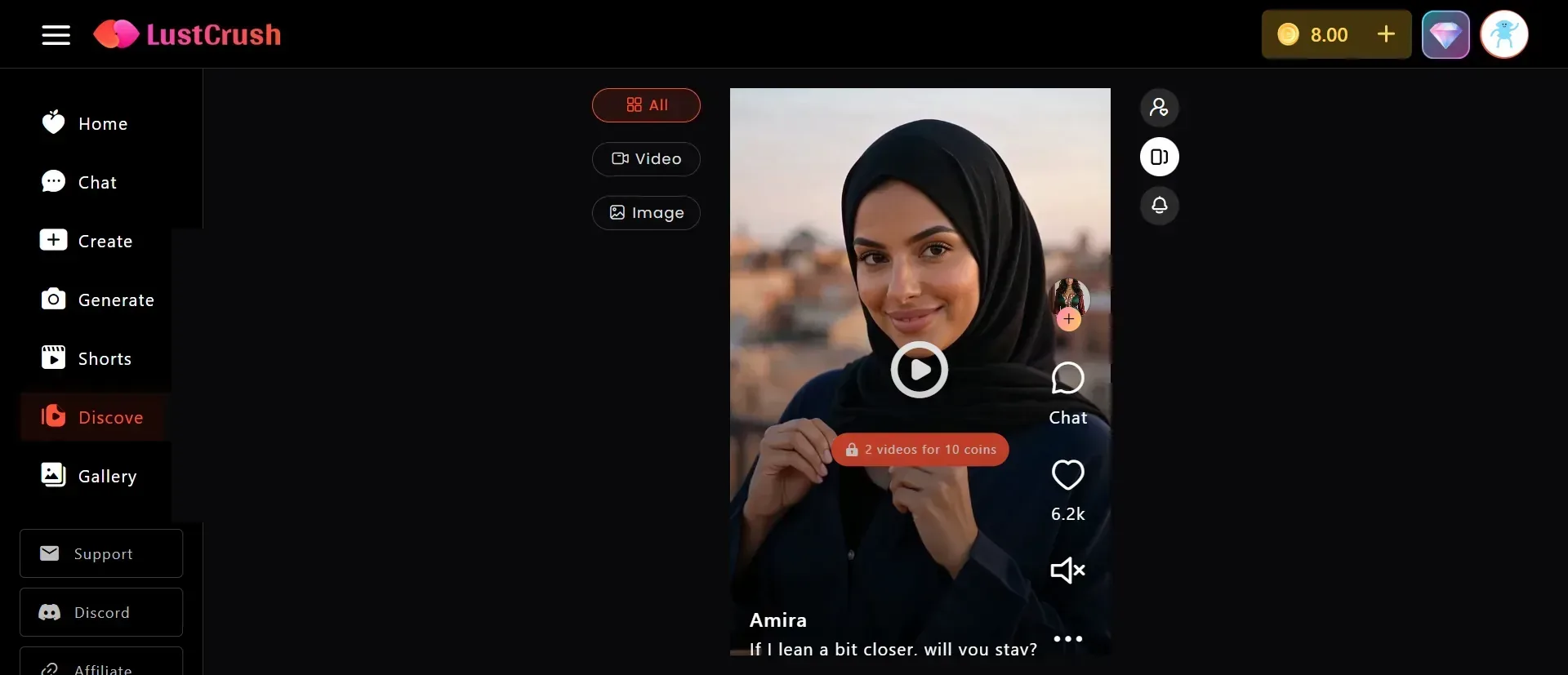 LustCrush Discover, Amira, play button, 8.00 coins