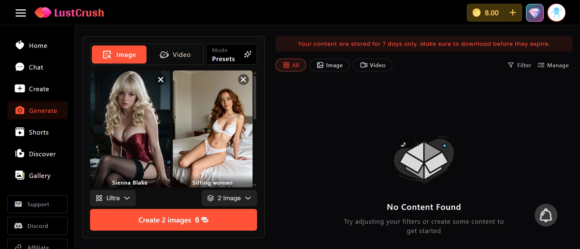 LustCrush generate, Sienna Blake preset, sitting woman preset, no content found