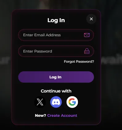 Mistrezz AI log-in dialog with email, password, and X, Discord, and Google, plus Create Account