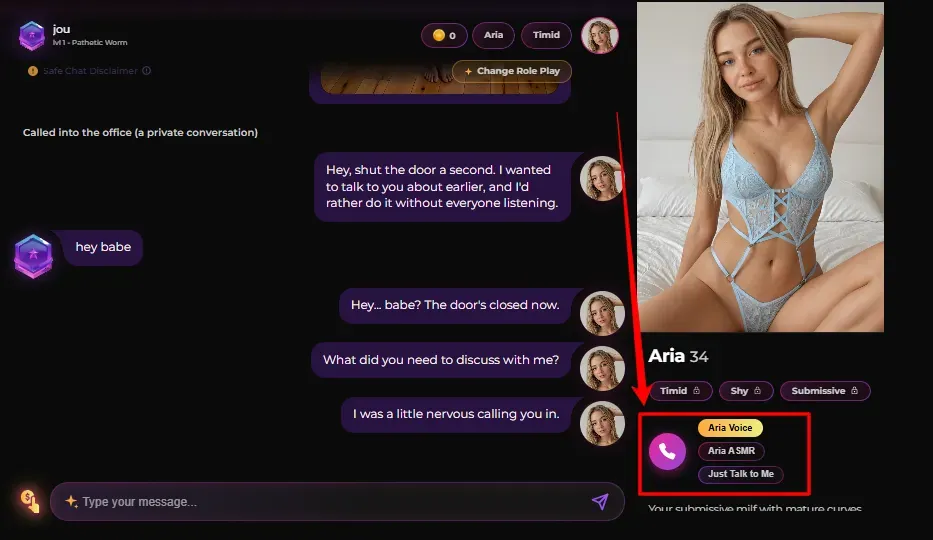 Mistrezz AI voice controls on Aria's chat: Aria Voice, Aria ASMR, and Just Talk to Me
