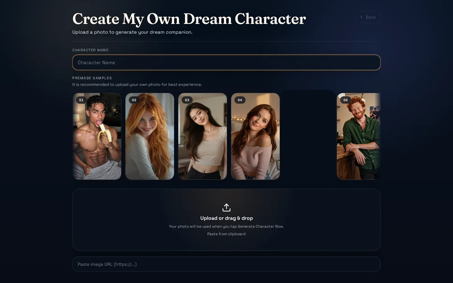 Muah create screen, name field, and adult premade samples