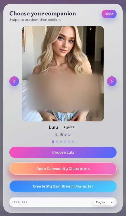 Muah choose-your-companion dialog, Lulu, age 21, and the three action buttons