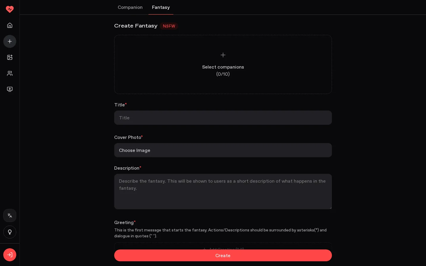 Nectar Create Fantasy form, empty title, cover, description, and greeting