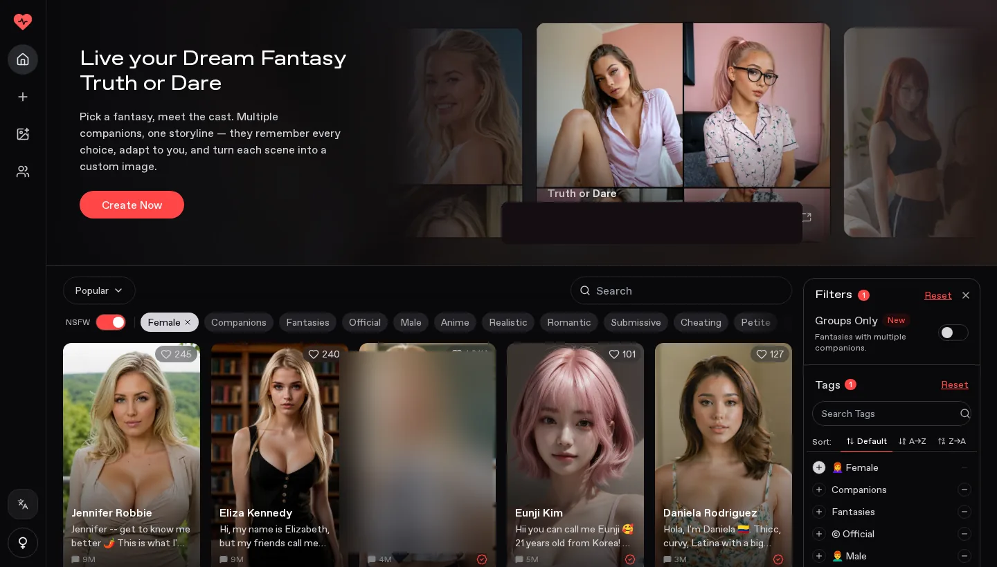 Nectar AI homepage. Home is selected. Live your Dream Fantasy and Truth or Dare, with Create Now. The family-coded caption and the school-uniform card are covered.