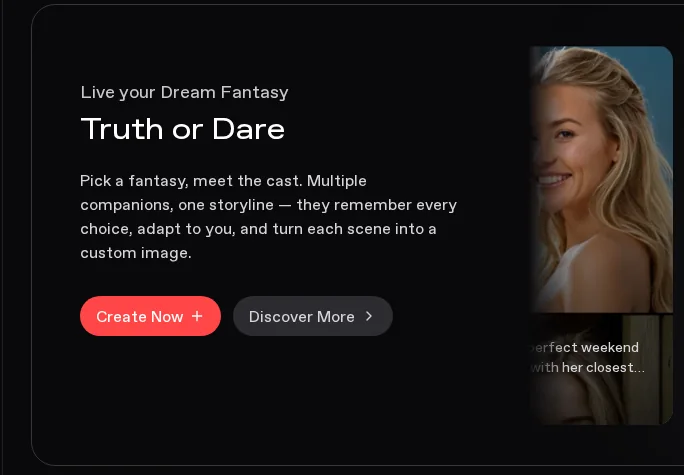 Nectar homepage, Live your Dream Fantasy, Truth or Dare, Create Now, adult blonde