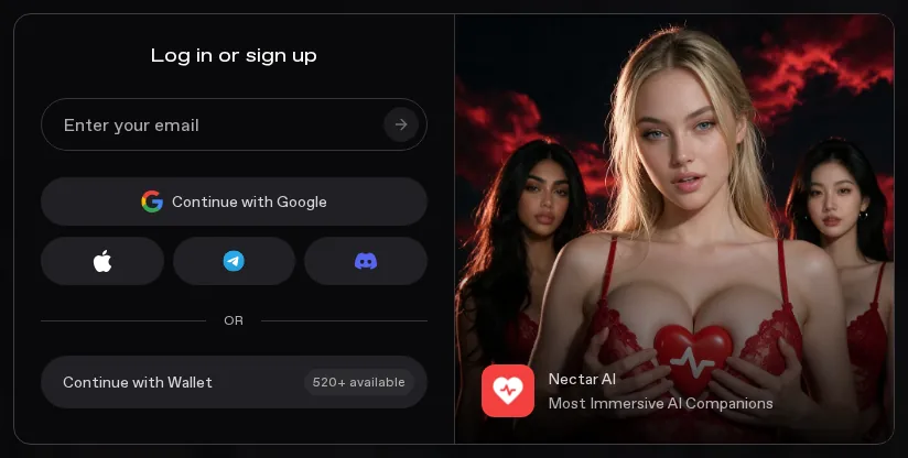Nectar login dialog, email, Google, Apple, Telegram, Discord, and wallet, nothing typed