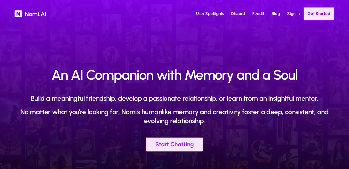 Nomi AI homepage, An AI Companion with Memory and a Soul, Start Chatting